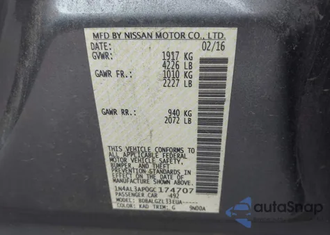 2016 Nissan Altima 2.5/2.5 S/2.5 Sl/2.5 Sr/2.5 Sv from USA, damaged, VIN 1N4AL3AP0GC174707